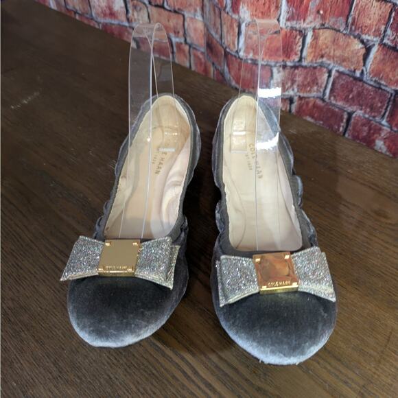 Cole Haan Tali Gray Velvet Glitter Bow Ballet Flats Size 8 - Picture 2 of 7